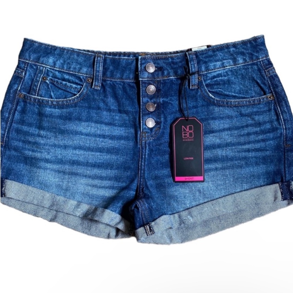 No Boundaries Juniors' Low-Rise Button- Front Shorts, Dark Wash Size 9